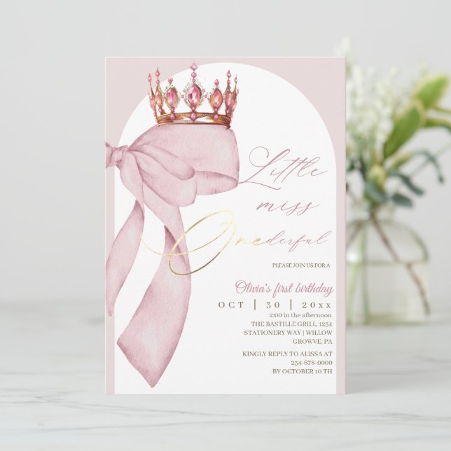 Invitación Lazo Rosa Lindo Cumpleaños 1  (Anverso de pie)