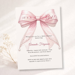 Invitación Lazo rosa marfil es una niña perlas Baby Shower