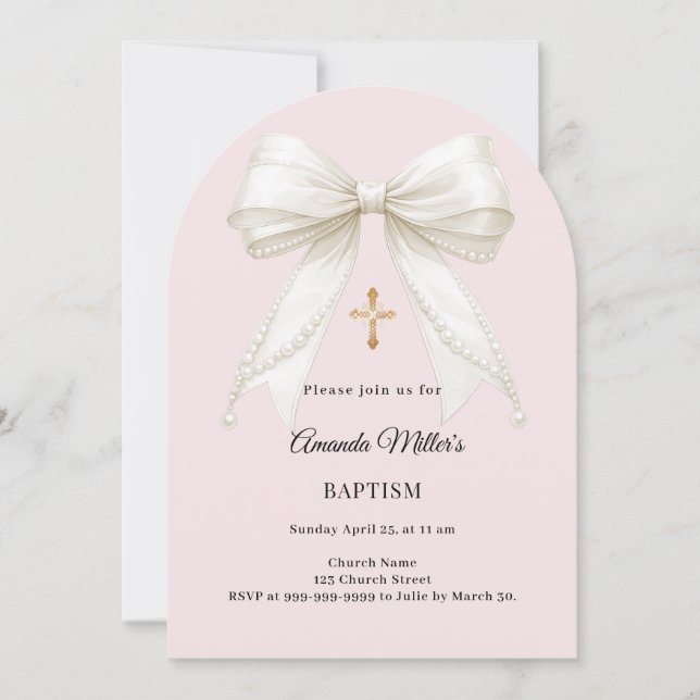 Invitación Lazo rosa marfil perlas polvorientas arco Bautizo (Anverso)