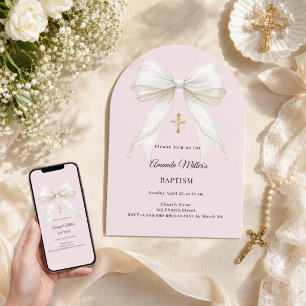 Invitación Lazo rosa marfil perlas polvorientas arco Bautizo