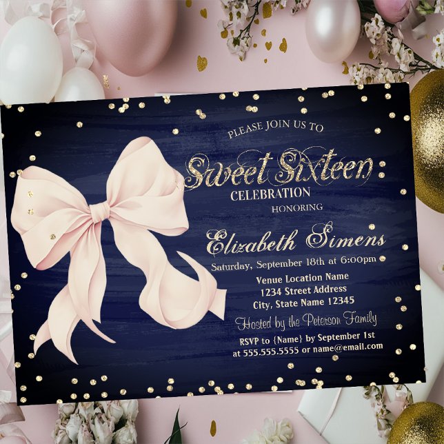 Invitación Lazo Rosa Oro Diamantes Azul Marino Dulces 16 (Subido por el creador)