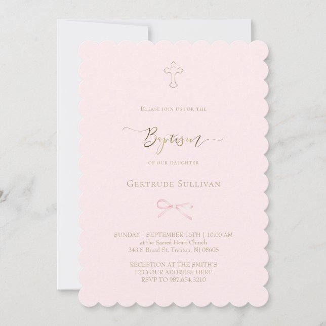 Invitación lazo rosa pequeño | Bautizo (Anverso)