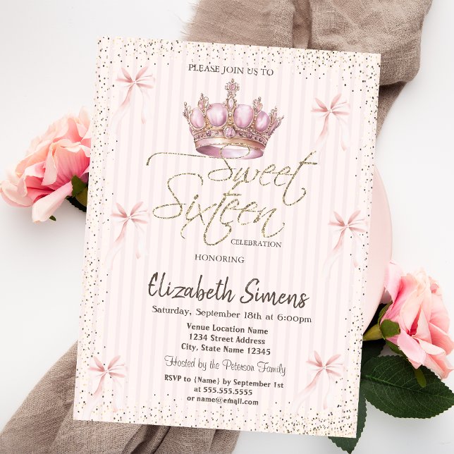 Invitación Lazo Rosa Real Cuervo Confeti Rayado Cumple Dulces (Subido por el creador)