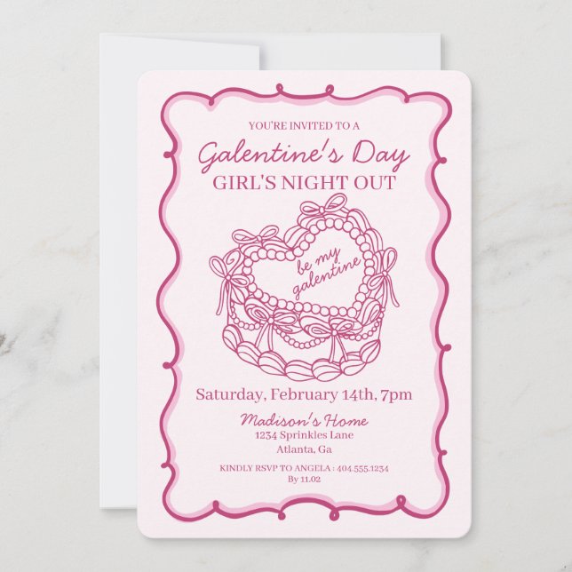 Invitación Lazo Rosa Retro Corazón Coquette Torta Galentine (Anverso)