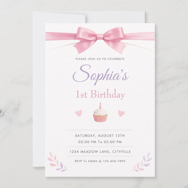 Invitación Lazo Rosa Simple y Elegante Cumpleaños 1 (Anverso)