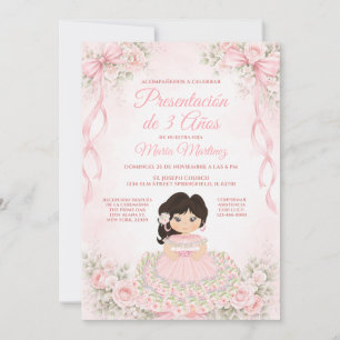 Invitación Lazo Rosa Sonrojado Niña Española Presentación de 