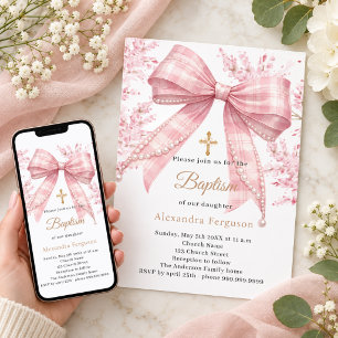 Invitación Lazo rosa tartán flores niña Bautizo