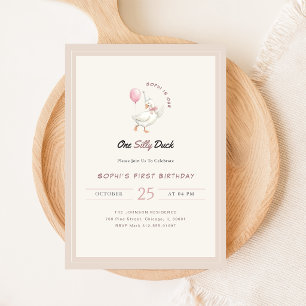 Invitación Lazo Rosa Uno Pato Tonto Niño Niña Cumpleaños 1