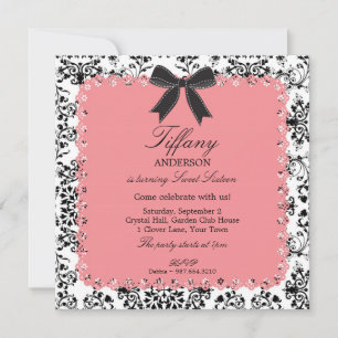Invitación Lazo rosa y Damasco BW con dulce Bow 16