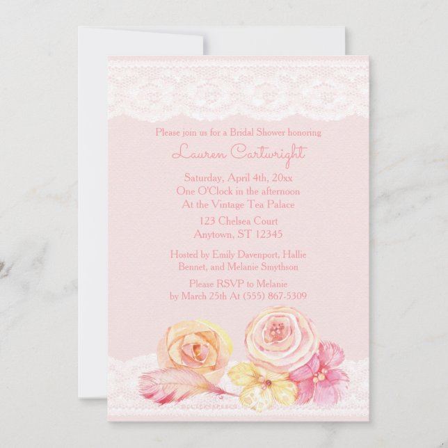 Invitación Lazo rosa y ducha de novias con flores Rubor (Anverso)