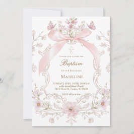 Invitación lazo rosa y marco de flores niña Bautizo
