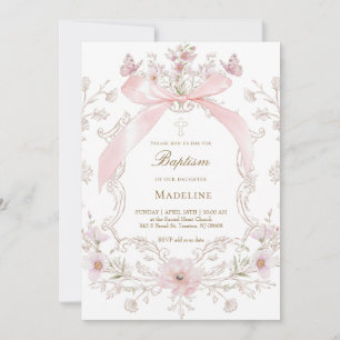 Invitación lazo rosa y marco de flores niña Bautizo