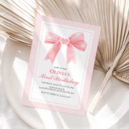 Invitación Lazo rosa y rayas Coquette cumpleaños 1
