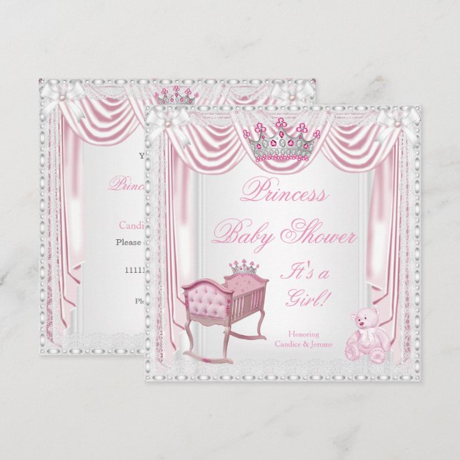 Invitación Lazo satinado de cuna rosada de la princesa Tiara  (Anverso / Reverso)