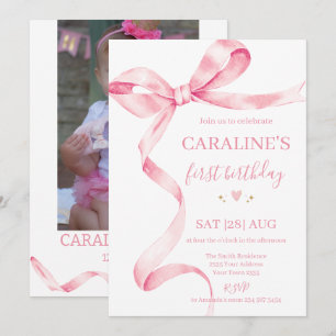 Invitación Lazo suave pastel rosa cumpleaños 1