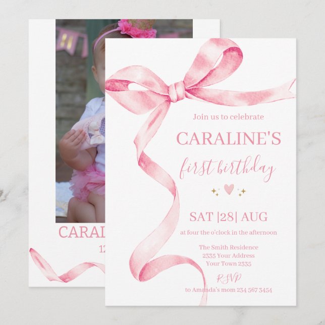 Invitación Lazo suave pastel rosa cumpleaños 1  (Anverso / Reverso)