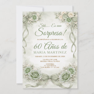 Invitación Lazo Verde Sage Floral Sorpresa 60 Años Cumpleaños
