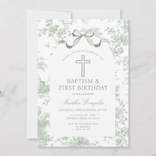 Invitación Lazo verde Toile de Jouy para bautizo y primer cum