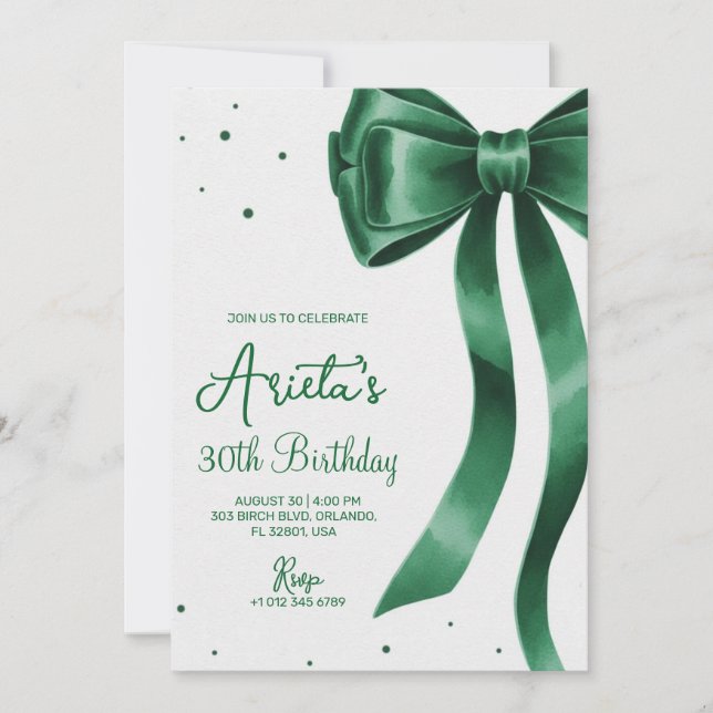 Invitación Lazo verde y elegante texto con estilo de cumpleañ (Anverso)