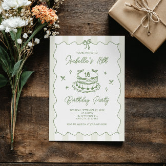 Invitación Lazo Vintage Rayado Coquette Verde Cumpleaños 16