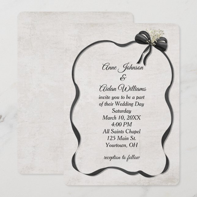 Invitación Lazo y cinta negra de boda con aliento de bebé (Anverso / Reverso)