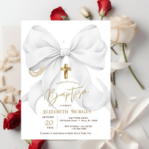 Invitación Lazos Blancos Elegantes Perlas Cruz Lunares Bautiz