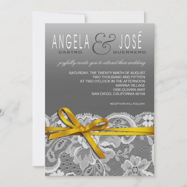 Invitación Lazos de cinta y encaje de boda | gris amarillo (Anverso)