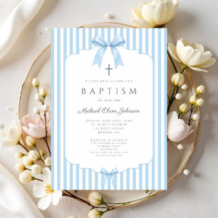 Invitación Lazos de Coqueta Azul Elegante para Bautizo de Niñ