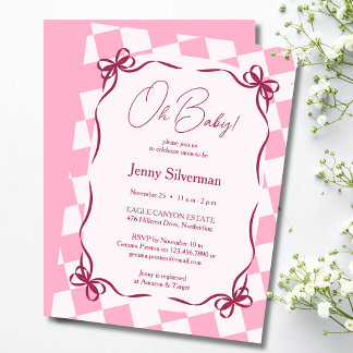 Invitación Lazos de Cuadros Rosados Oh Bebé Cumpleaños de Beb
