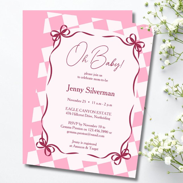 Invitación Lazos de Cuadros Rosados Oh Bebé Cumpleaños de Beb (Oh Baby Pink Gingham Bows Baby Shower Invitation)