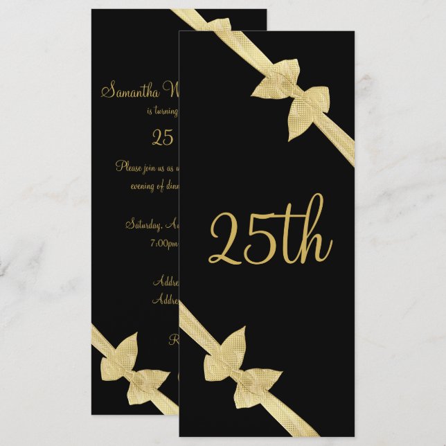 Invitación Lazos de Oro Falso Elegantes Cumpleaños 25 (Anverso / Reverso)