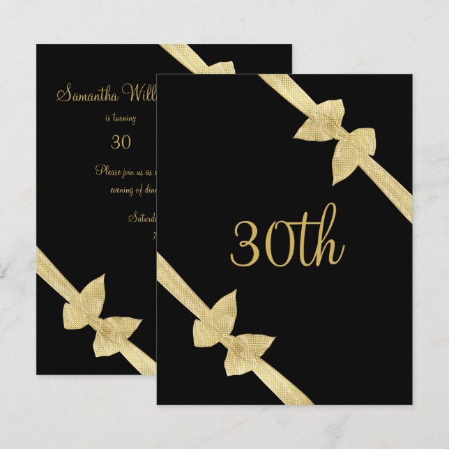 Invitación Lazos de Oro Falso Elegantes Cumpleaños 30 (Anverso / Reverso)
