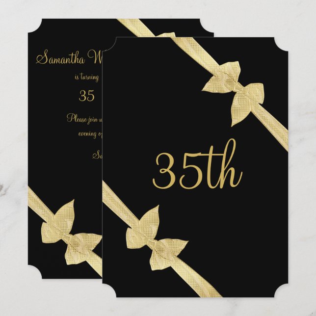 Invitación Lazos de Oro Falso Elegantes Cumpleaños 35 (Anverso / Reverso)