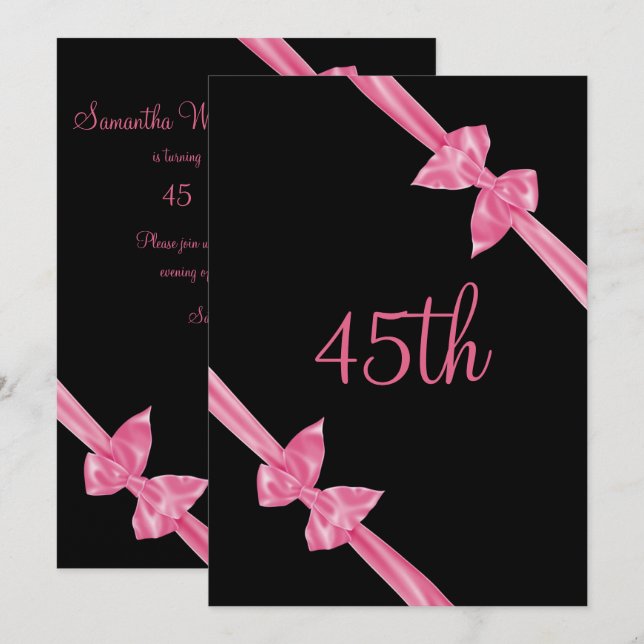 Invitación Lazos de Satén Rosa Elegantes Cumpleaños 45 (Anverso / Reverso)