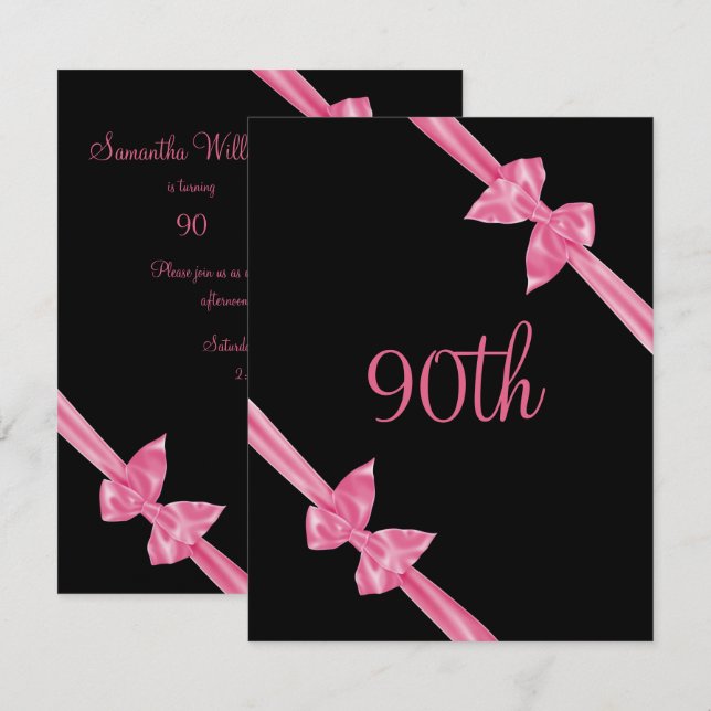 Invitación Lazos de Satén Rosa Elegantes Cumpleaños 90 (Anverso / Reverso)