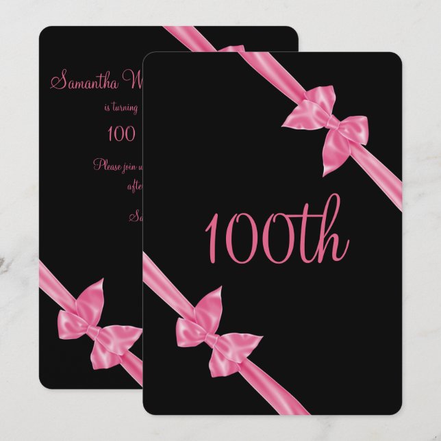 Invitación Lazos de satín rosa elegante cumpleaños 100 (Anverso / Reverso)