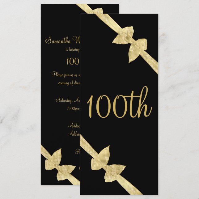 Invitación Lazos Elegantes de Oro Falso Cumpleaños 100 (Anverso / Reverso)