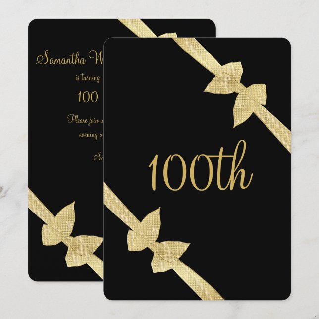 Invitación Lazos Elegantes de Oro Falso Cumpleaños 100 (Anverso / Reverso)