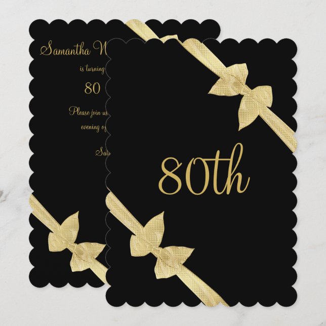 Invitación Lazos Elegantes de Oro Falso Cumpleaños 80 (Anverso / Reverso)