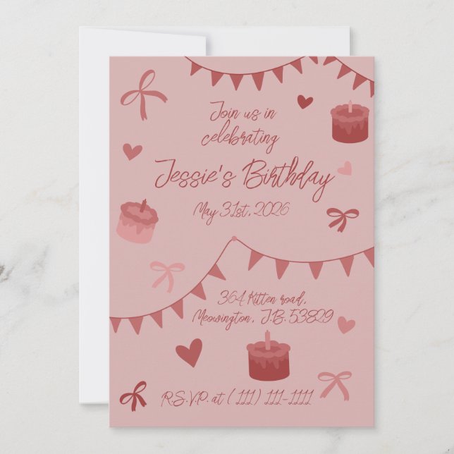 Invitación Lazos rojos, pasteles y corazones  (Anverso)