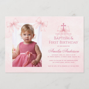 Invitación Lazos rosados bautizo y primera cumpleaños niña fo
