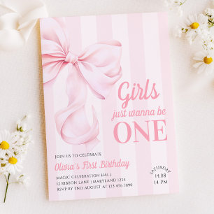 Invitación Lazos rosados rayas primer cumpleaños