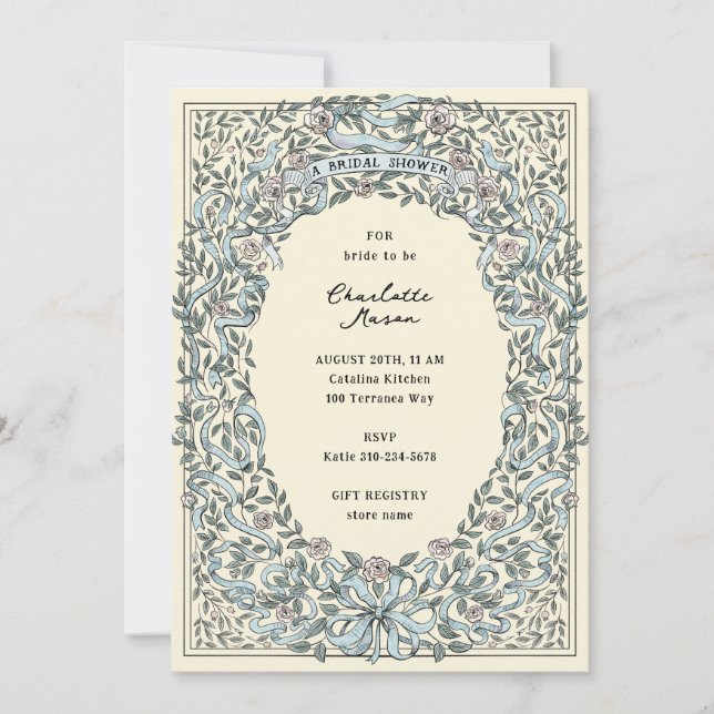 Invitación Lazos rosados y azules y ducha de novias para Rosa (Anverso)