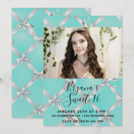 Invitación Lazos Turquesa Azul y Blanco Fiesta de Cumpleaños