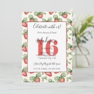 Invitación Lazos Verdes Fresas Rojas Frutas Cumpleaños 16