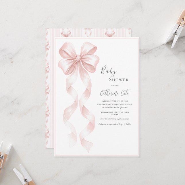 Invitación Lazos y Cintas Rosas Bebé Elegante (Anverso/Reverso In Situ)