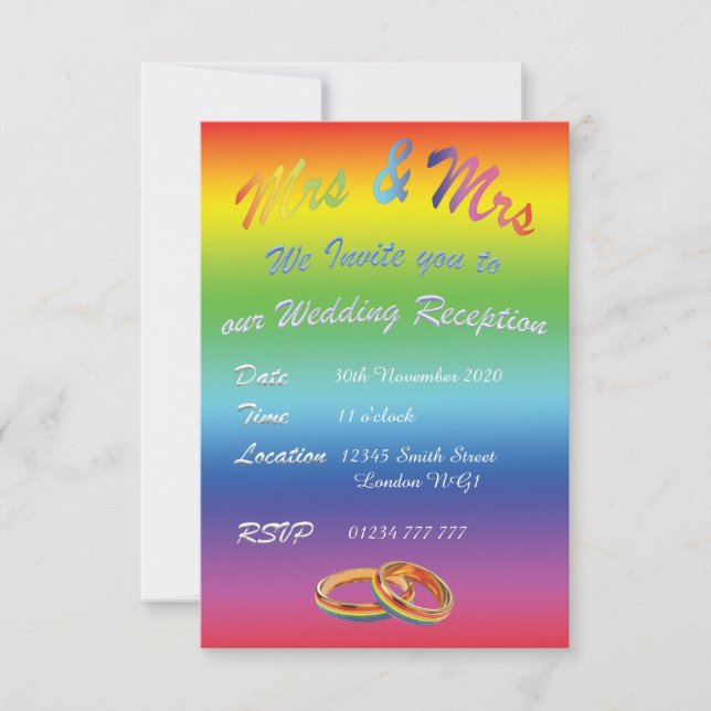 INVITACIÓN LBGT LESBIAN RAINBOW WEDDING RECEPTION INVITATION (Anverso)