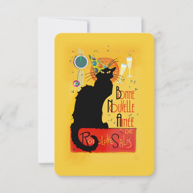 Invitación Le Chat Noir Feliz Año Nuevo Fiesta (Anverso)