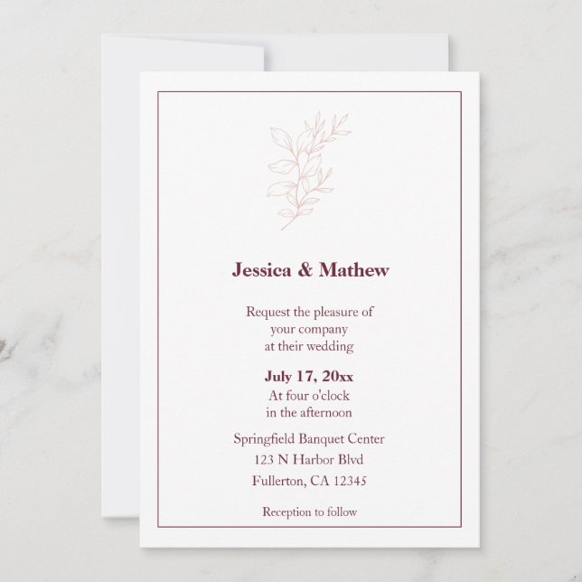 Invitación Leaf blanco y rosa simple | Boda moderno (Anverso)