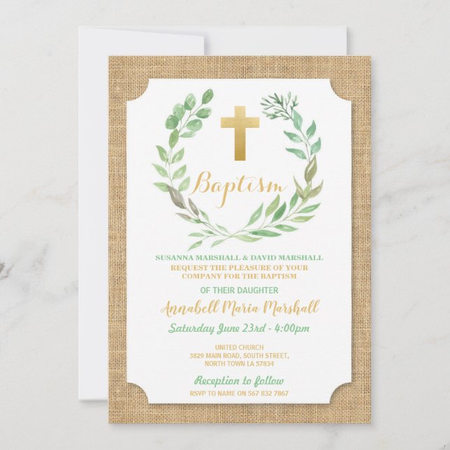 Invitación Leaf Burlap Green Baptism Christening Natural (Anverso)